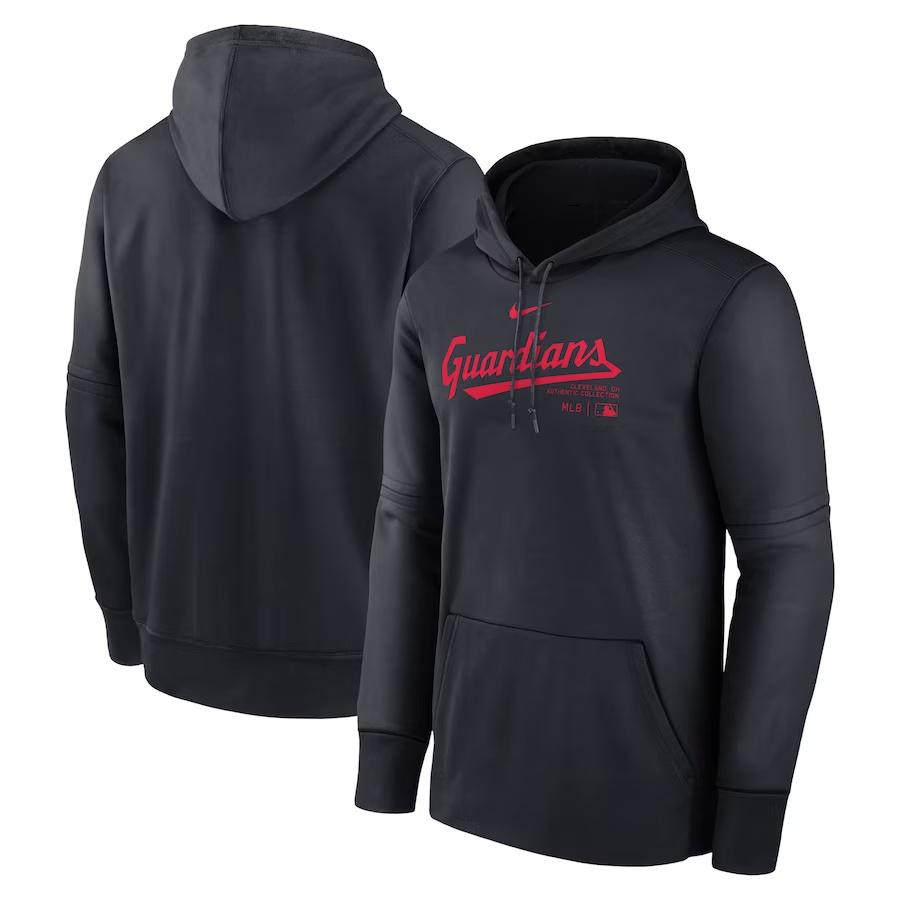 Men's Cleveland Guardians Black Collection Practice Performance Pullover Hoodie Men's Cleveland Guardians Black Collection Practice Performance Pullover Hoodie